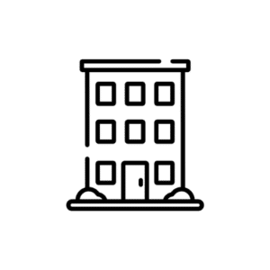 Symbol eines mehrstöckigen Wohngebäudes mit Tür und Fenstern