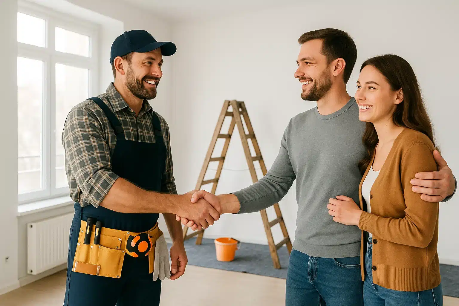 Handwerker aus Berlin schüttelt jungem Paar die Hand nach abgeschlossener Renovierung